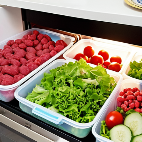 Home 13 **Prompt:** A vibrant, well-organized modern kitchen in an Arab home, featuring an open refrigerator and freezer filled with fresh produce (like crisp lettuce, colorful berries), neatly portioned raw meats, and pre-cooked meals. Everything is stored in clear containers or vacuum-sealed bags, highlighting efficiency and the concept of smart storage for family abundance, possibly after a large gathering ('عزيمة'). The lighting is bright and clean, emphasizing freshness and a sense of order. Realistic photography style.