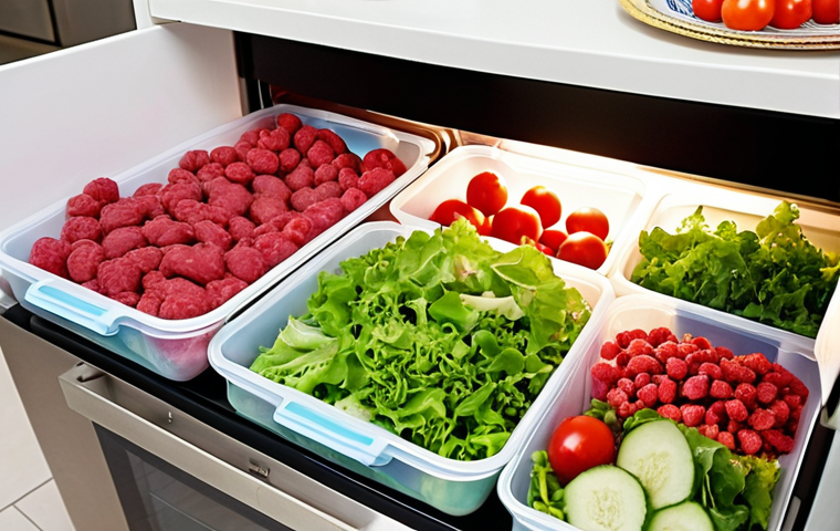 **Prompt:** A vibrant, well-organized modern kitchen in an Arab home, featuring an open refrigerator and freezer filled with fresh produce (like crisp lettuce, colorful berries), neatly portioned raw meats, and pre-cooked meals. Everything is stored in clear containers or vacuum-sealed bags, highlighting efficiency and the concept of smart storage for family abundance, possibly after a large gathering ('عزيمة'). The lighting is bright and clean, emphasizing freshness and a sense of order. Realistic photography style.