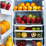 ** A brightly lit refrigerator, showcasing organized fruit storage. Different fruits are separated into crisper drawers, perforated bags, and some with ethylene absorbers. Focus on visual clarity and freshness.

**