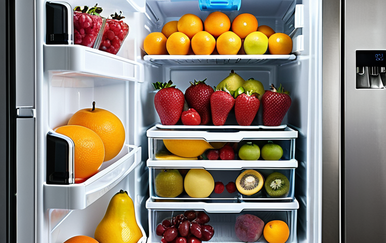 ** A brightly lit refrigerator, showcasing organized fruit storage. Different fruits are separated into crisper drawers, perforated bags, and some with ethylene absorbers. Focus on visual clarity and freshness.
**