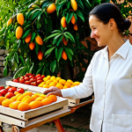 A professional woman in her late 30s, with a warm, friendly expression, carefully arranging freshly sliced fruits on traditional outdoor drying racks. She is wearing a modest, light-colored, long-sleeved shirt and practical trousers, appropriate for outdoor work in a warm climate. Her hair is neatly tied back, fully clothed, appropriate attire, professional dress. The scene is set in a sunny, rustic village courtyard, with traditional stone walls and lush green plants in the background. Sunlight casts gentle shadows on the terracotta drying racks filled with vibrant orange mango slices and deep red tomato halves. The air appears clear and dry, emphasizing a natural outdoor setting. Perfect anatomy, correct proportions, natural pose, well-formed hands, proper finger count, natural body proportions. The image should have a natural, bright, and inviting aesthetic, resembling professional documentary photography. Safe for work, appropriate content, family-friendly.