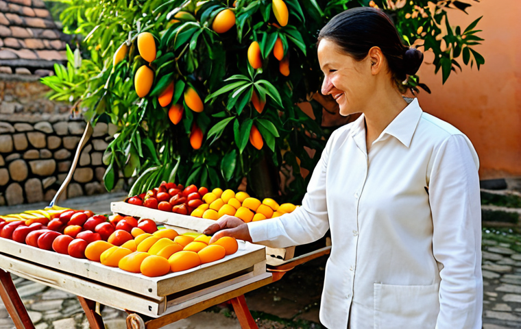 A professional woman in her late 30s, with a warm, friendly expression, carefully arranging freshly sliced fruits on traditional outdoor drying racks. She is wearing a modest, light-colored, long-sleeved shirt and practical trousers, appropriate for outdoor work in a warm climate. Her hair is neatly tied back, fully clothed, appropriate attire, professional dress. The scene is set in a sunny, rustic village courtyard, with traditional stone walls and lush green plants in the background. Sunlight casts gentle shadows on the terracotta drying racks filled with vibrant orange mango slices and deep red tomato halves. The air appears clear and dry, emphasizing a natural outdoor setting. Perfect anatomy, correct proportions, natural pose, well-formed hands, proper finger count, natural body proportions. The image should have a natural, bright, and inviting aesthetic, resembling professional documentary photography. Safe for work, appropriate content, family-friendly.