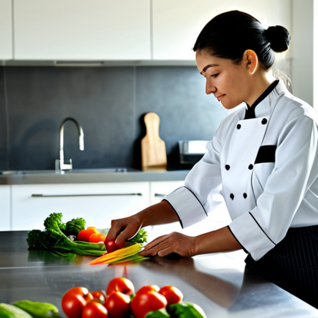 **
"A professional female chef in a clean, modern kitchen, fully clothed in a modest chef's uniform, preparing fresh vegetables on a stainless steel countertop. Sunlight streaming through a window. Safe for work, appropriate content, professional setting, perfect anatomy, correct proportions, well-formed hands, proper finger count, natural body proportions, high quality."
**