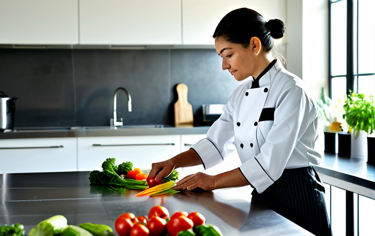 **
"A professional female chef in a clean, modern kitchen, fully clothed in a modest chef's uniform, preparing fresh vegetables on a stainless steel countertop. Sunlight streaming through a window. Safe for work, appropriate content, professional setting, perfect anatomy, correct proportions, well-formed hands, proper finger count, natural body proportions, high quality."
**