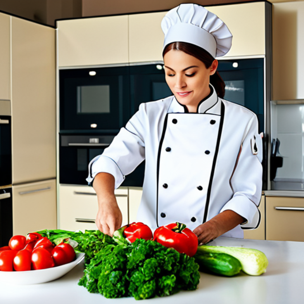 **
"A professional female chef in a modest kitchen, wearing a chef's uniform, fully clothed, preparing a healthy meal with fresh vegetables, appropriate content, safe for work, perfect anatomy, correct proportions, professional food photography, bright lighting, family-friendly."
**