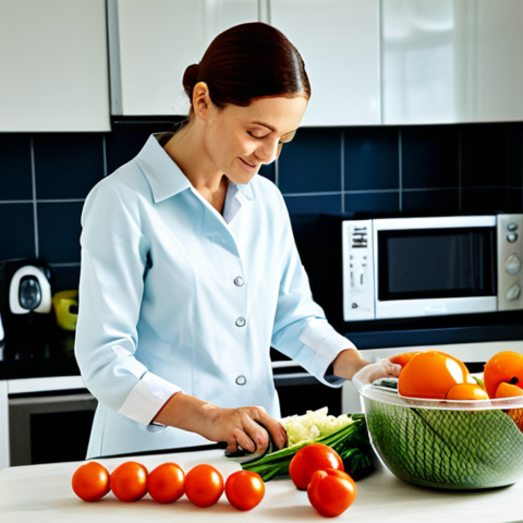 **

"A brightly lit, modern kitchen scene. A woman, fully clothed in modest kitchen attire, is preparing a meal, chopping vegetables with care.  A child is assisting her.  Visible are reusable containers and organized food storage. The background shows a clean, well-stocked pantry. safe for work, appropriate content, family-friendly, professional photography, perfect anatomy, correct proportions, well-formed hands, natural pose."

**