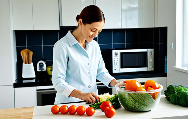**
"A brightly lit, modern kitchen scene. A woman, fully clothed in modest kitchen attire, is preparing a meal, chopping vegetables with care. A child is assisting her. Visible are reusable containers and organized food storage. The background shows a clean, well-stocked pantry. safe for work, appropriate content, family-friendly, professional photography, perfect anatomy, correct proportions, well-formed hands, natural pose."
**