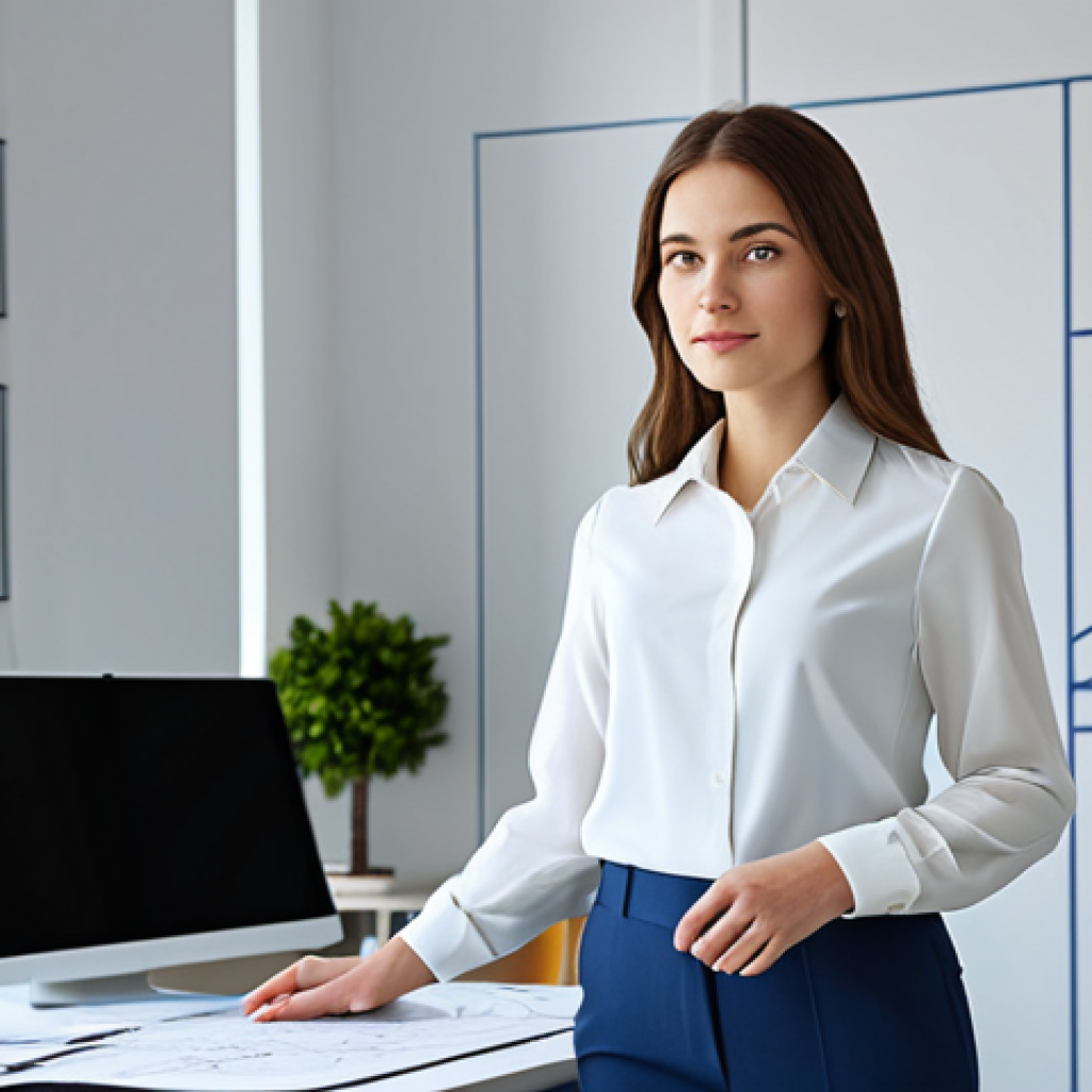 포장 기술의 환경적 영향 - **
A professional female architect in a fully clothed, modest business casual outfit (slacks, blous...