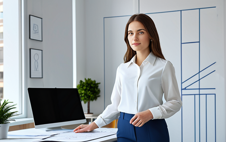 포장 기술의 환경적 영향 - **
A professional female architect in a fully clothed, modest business casual outfit (slacks, blous...