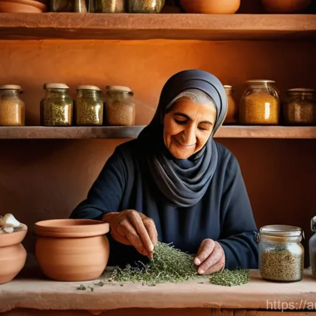 음식 보존을 위한 허브와 향신료 - A warm, inviting scene in a traditional Arab kitchen, bathed in soft, golden sunlight filtering thro...