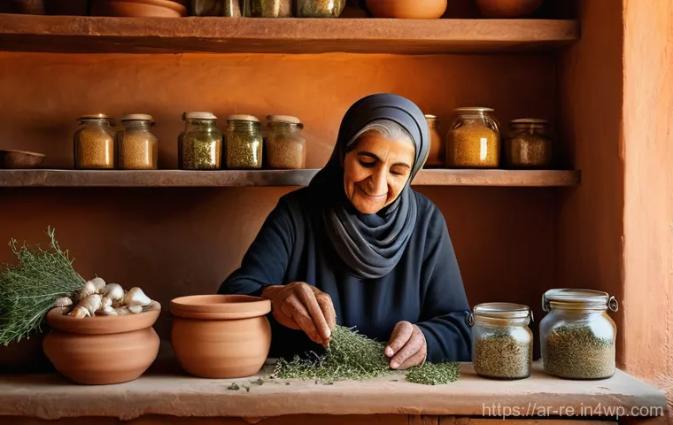 음식 보존을 위한 허브와 향신료 - A warm, inviting scene in a traditional Arab kitchen, bathed in soft, golden sunlight filtering thro...