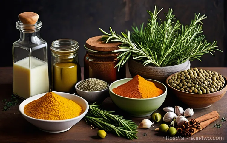 음식 보존을 위한 허브와 향신료 - A warm, inviting scene in a traditional Arab kitchen, bathed in soft, golden sunlight filtering thro...