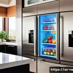 음식 보존을 위한 과학과 기술 - A modern high-tech kitchen scene in an upscale Middle Eastern home, showcasing advanced refrigeratio...
