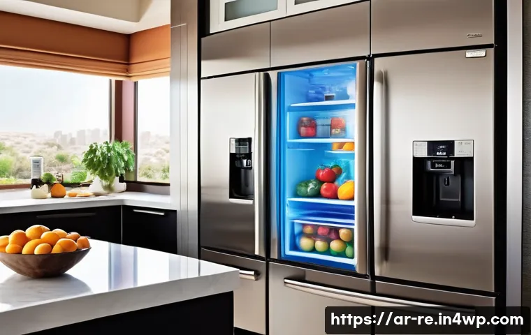 음식 보존을 위한 과학과 기술 - A modern high-tech kitchen scene in an upscale Middle Eastern home, showcasing advanced refrigeratio...