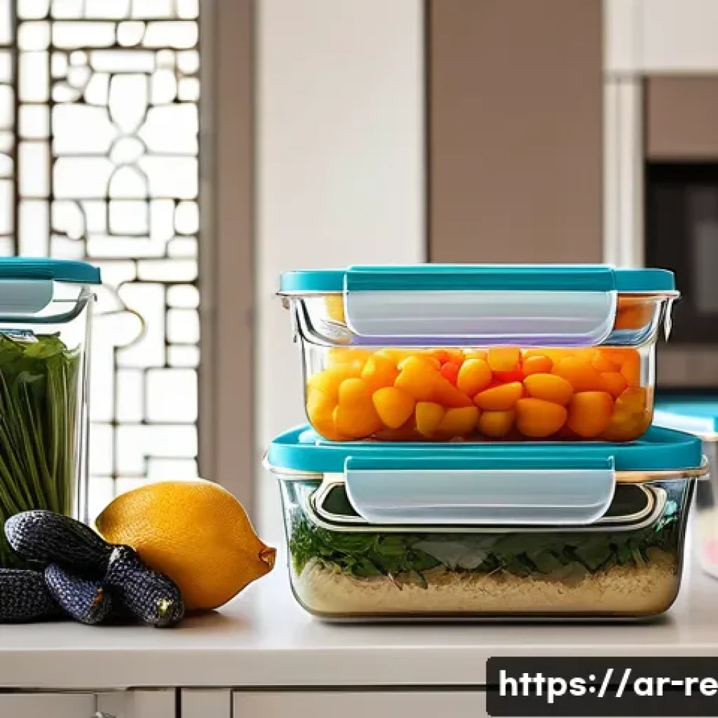 재사용 가능한 음식 보존 용기 - A modern Arab kitchen scene featuring a neatly organized refrigerator and pantry with various sizes ...