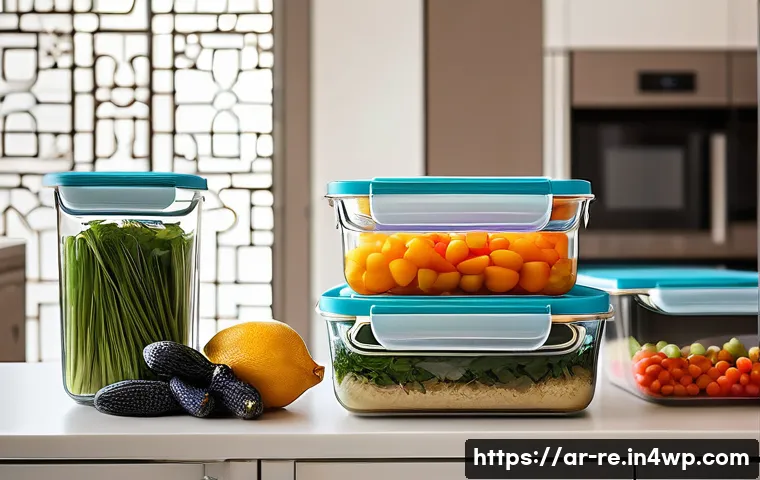 재사용 가능한 음식 보존 용기 - A modern Arab kitchen scene featuring a neatly organized refrigerator and pantry with various sizes ...