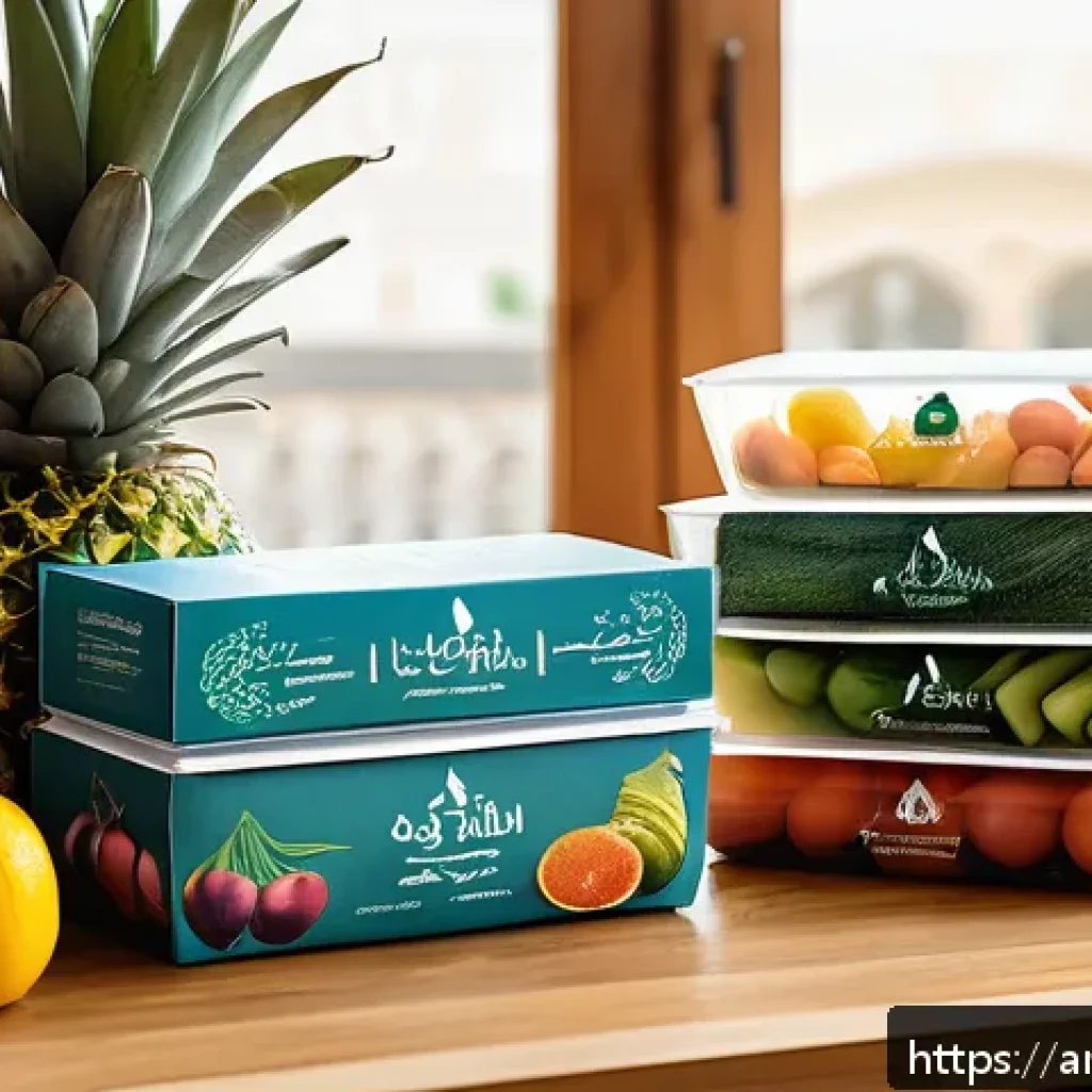 포장재의 종류와 음식 보존 효과 - A vibrant Middle Eastern kitchen scene showing a variety of fresh fruits and vegetables carefully wr...