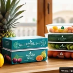 포장재의 종류와 음식 보존 효과 - A vibrant Middle Eastern kitchen scene showing a variety of fresh fruits and vegetables carefully wr...
