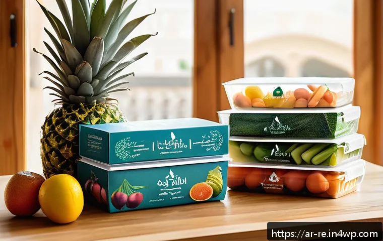 포장재의 종류와 음식 보존 효과 - A vibrant Middle Eastern kitchen scene showing a variety of fresh fruits and vegetables carefully wr...