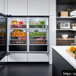 모든 종류의 식품을 위한 보존 기술 - A modern smart refrigerator interior scene showcasing multiple compartments with different temperatu...