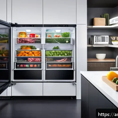 모든 종류의 식품을 위한 보존 기술 - A modern smart refrigerator interior scene showcasing multiple compartments with different temperatu...