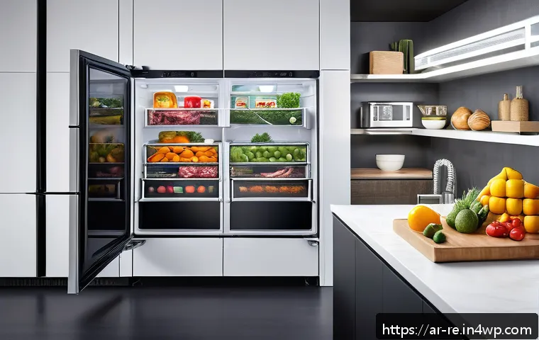 모든 종류의 식품을 위한 보존 기술 - A modern smart refrigerator interior scene showcasing multiple compartments with different temperatu...